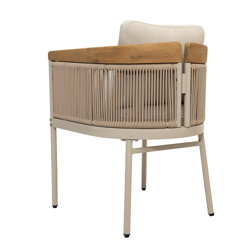 Ensemble de salle à manger de patio Zander pour 6 personnes, moderne, en bois d'acacia et corde, avec fauteuils rembourrés et table à lattes.