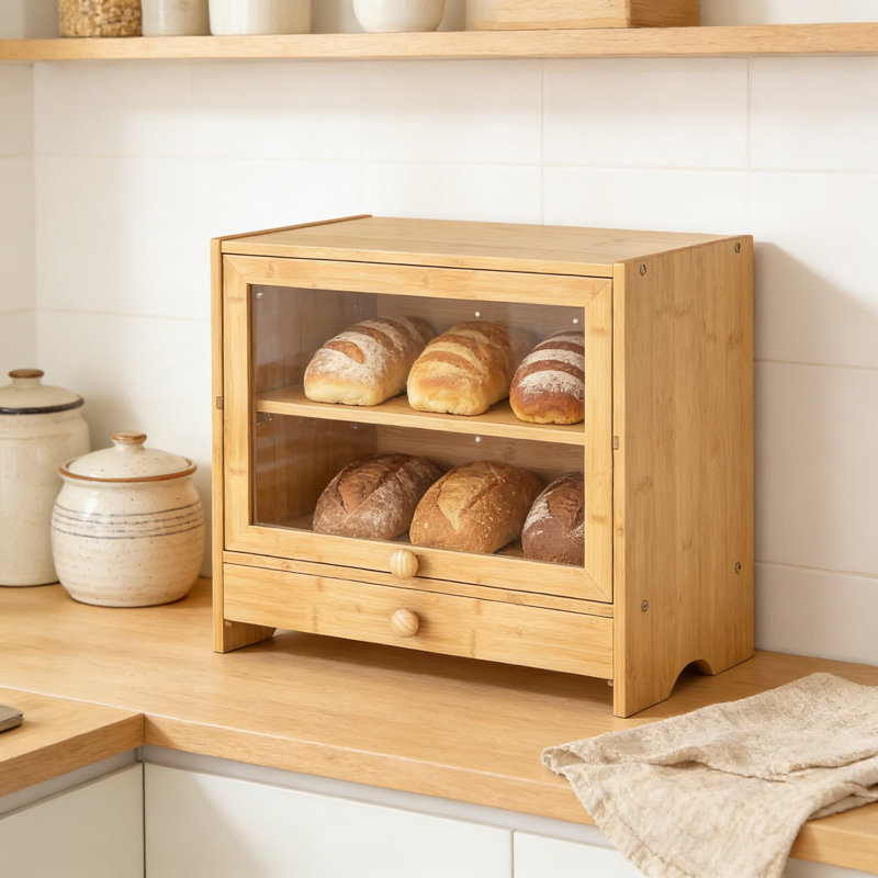 Boîte à pain en bambou avec fenêtre et trancheuse, armoire de coin à 2 niveaux pour le rangement du comptoir de cuisine, organisateur de pain fait à la main pour la fraîcheur de la boulangerie et pour économiser de l'espace