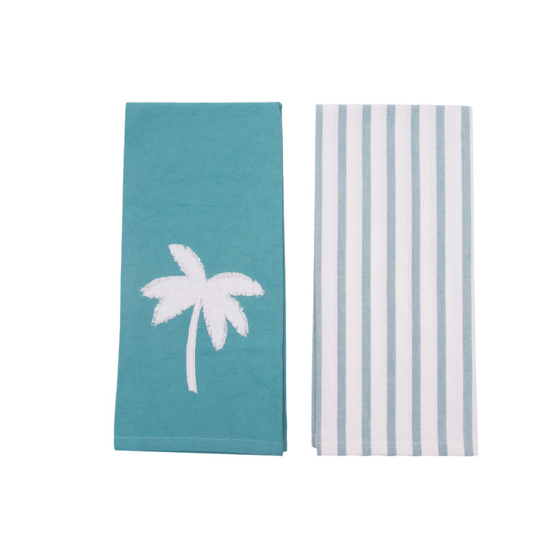 Aqua Palm Tree Stripe Towel Set 2