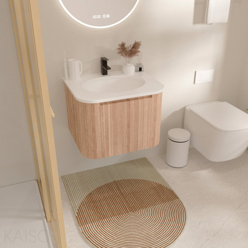 Meuble-lavabo mural de 24 po avec lavabo au design incurvé, finition en bois texturé ondulé, marbre de culture intégré intégré, meuble-lavabo flottant moderne pré-assemblé avec tiroir à fermeture en douceur