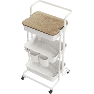 3 Tier Rolling Utility Cart With Cover Top Board, Movable Kitchen Storage Cart Trolley With Lockable Wheels, Cups, Hooks (White) -  Rainbow Home, XccB08D9F9T3L