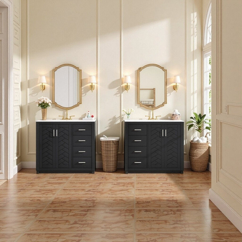 Meuble-lavabo double 72 po avec lavabo en céramique et 6 tiroirs avec portes à fermeture en douceur, Noir