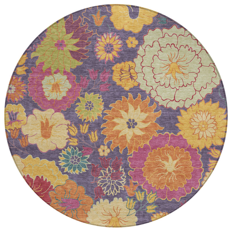 Machine Washable Indoor/Outdoor Chantille ACN2293 Floral Rug, Round 8'