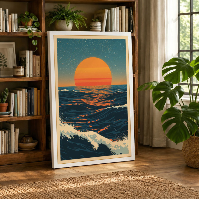 Sun Over Waves Coastal - Wrapped Canvas, 18x12 - 45.7 x 30.5 cm, Terracotta Border