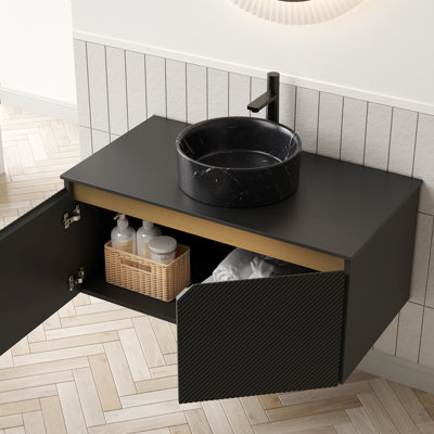 Meuble-lavabo 36 po avec lavabo rond en céramique noir, comptoir en pierre frittée, portes doubles en sergé et registre à fermeture en douceur
