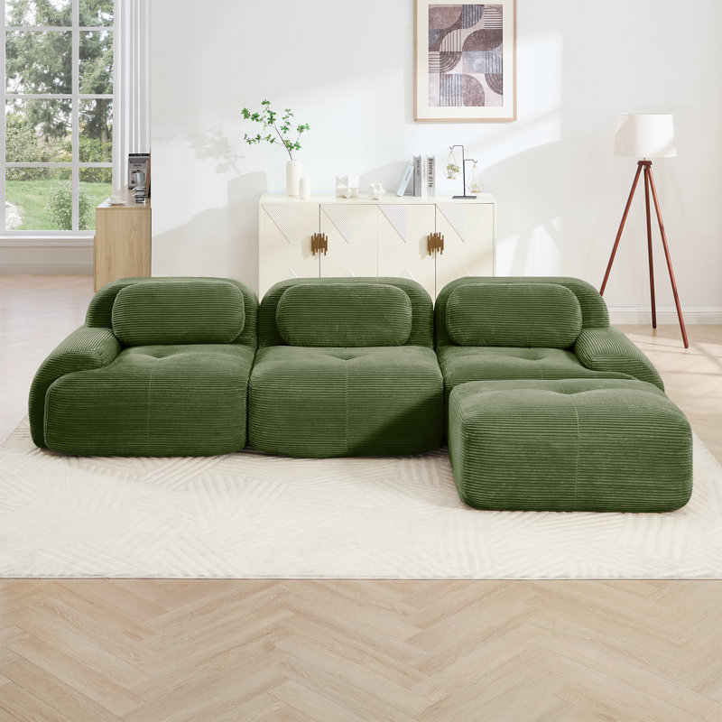 Boneless L-Shaped Corduroy Cloud Sectional Sofa With Ottoman, Green Corduroy
