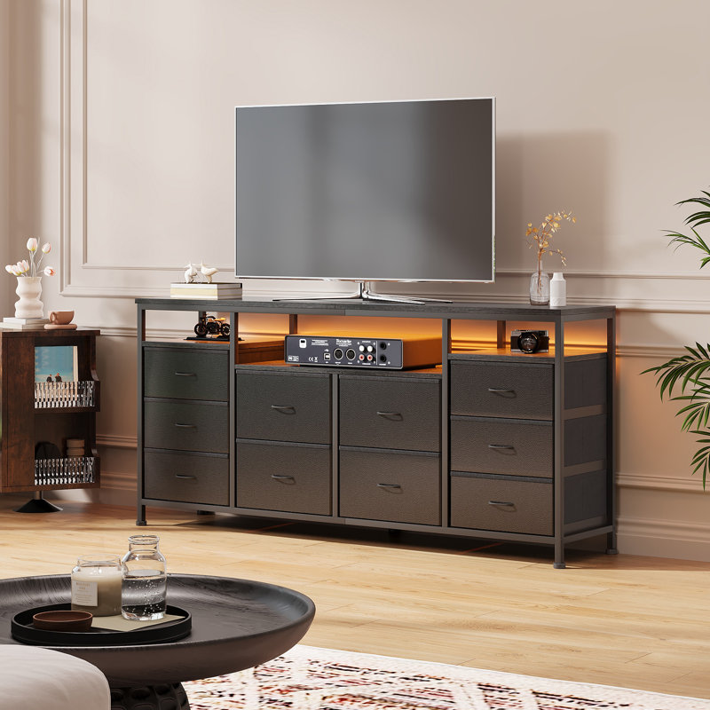 63.3 Inch Media Dresser with LED Lights, Large 10-Drawer Storage Cabinet with Power Outlets & USB Ports, Long Entertainment Center