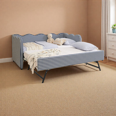 Cozy Gingham Daybed With Trundle Twin Size Sofa Bed No Box Spring Needed, With USB Port And Adorable Wave Shaped, Linen Fabric