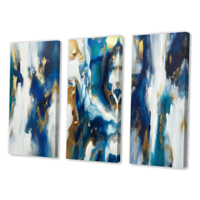 Transcendence Abstract In Blue And Gold - Abstract Painting Art Set Of 3 Pieces