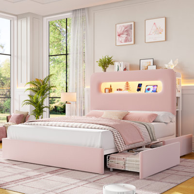 Chaille LED Bed Frames with Storage Drawer, Upholstered Platform Bed with Adjustable Headboard