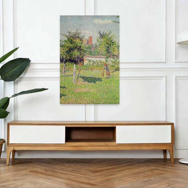 Femme dans la prairie à Eragny, printemps 1887. Estampe d'art mural contemporain abstrait impressionniste représentant un paysage arboré.