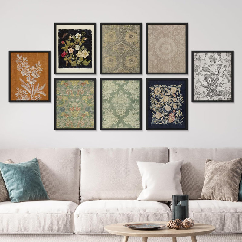 «Abstract Floral Botanical Toile Flower», reproduction de papier encadrée sur papier, 8 pièces, Cadre noir, L 11 po x H 14 po
