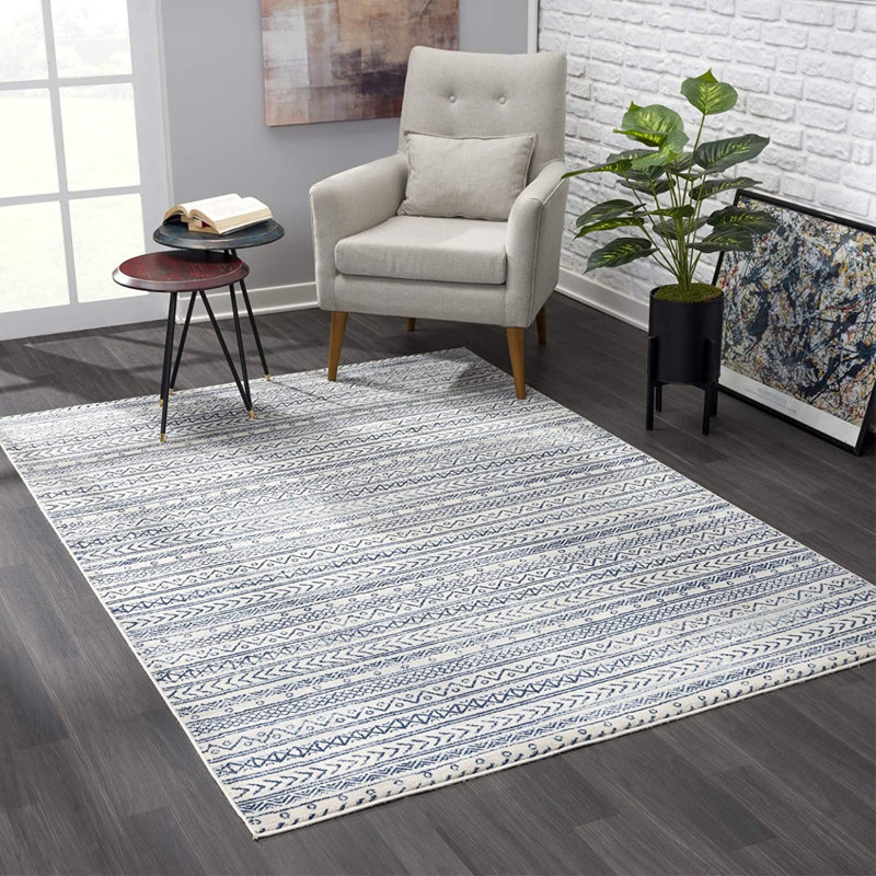 Tapis bleu marine à rayures décoratives, Rectangle de 5 pi x 8 pi