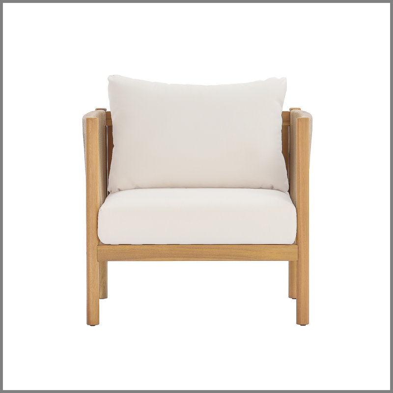 Fauteuil club d'extérieur avec structure en bois d'acacia d'aspect teck, panneaux de corde beige et coussins crème