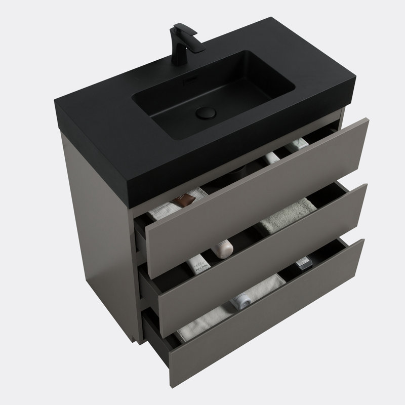 Meuble-lavabo autoportant avec grand lavabo et rangement, Noir, Gris