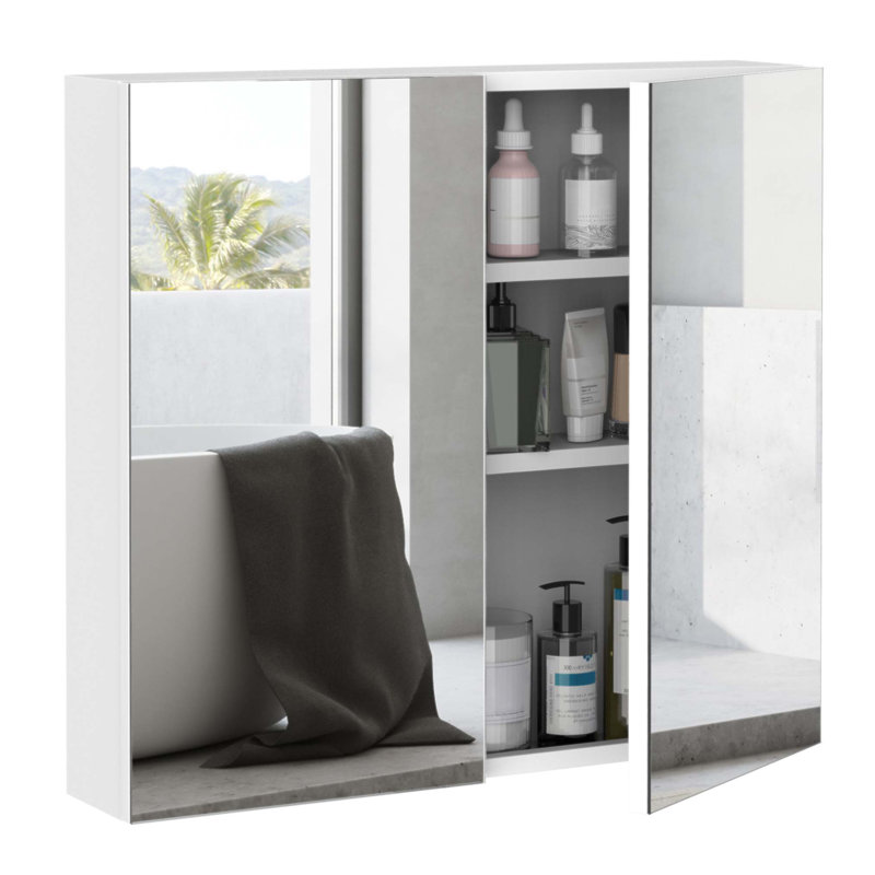 Kleankin Bathroom Mirrored Cabinet with Ample Storage, Wall-Mounted Organizer with Double Doors for Modern Bathrooms