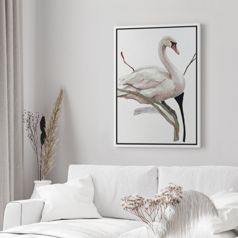 Élégant cygne blanc perché sur une branche, reproduction d'art sur toile encadrée dans la chambre principale, Blanc
