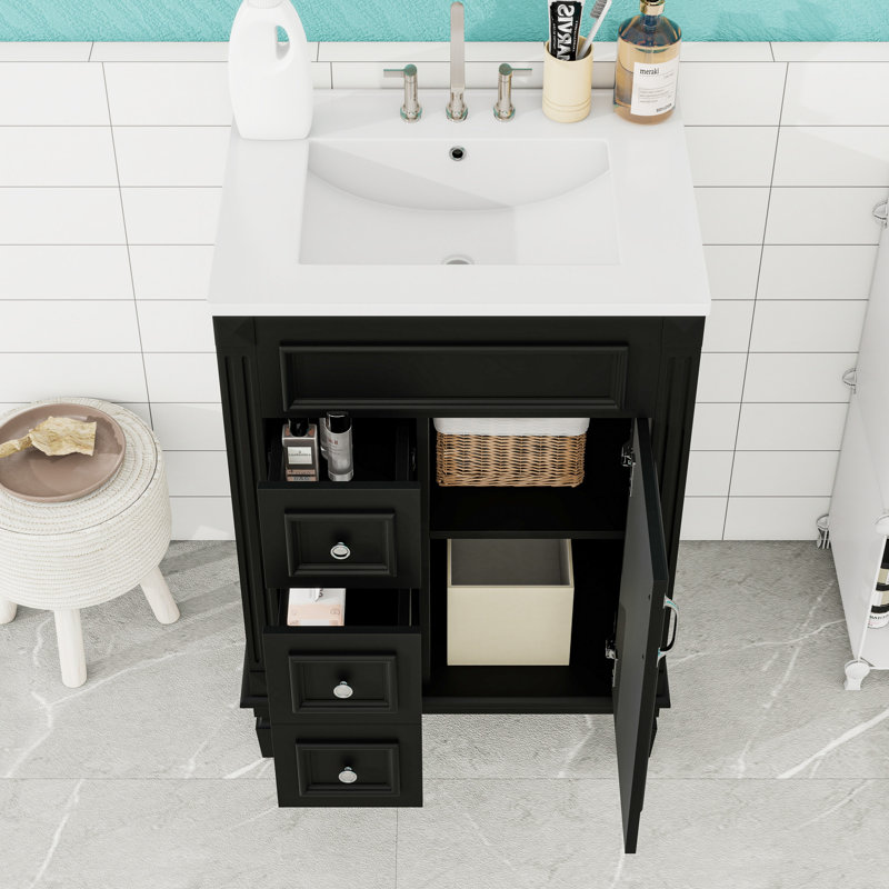 Meuble-lavabo moderne avec lavabo en céramique, 2 tiroirs, tablette réglable et armoire de rangement, Noir