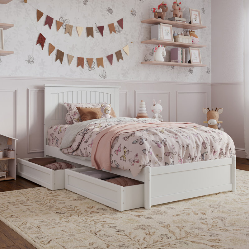 Lamaiyah Solid Wood Platform Bed with Footboard and Storage Drawers, White, Twin