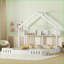 Lit plateforme simple en bois de pin avec 2 lits partagés, garde-corps et amp; Tablettes - blanc crème, aucun sommier nécessaire