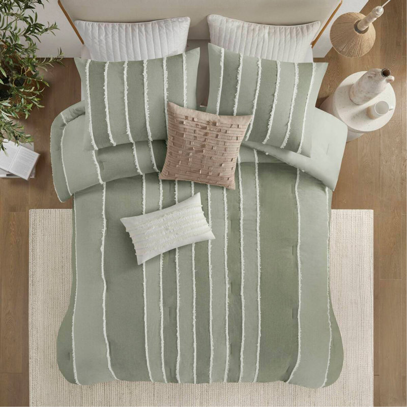Ensemble d'édredon en coton 3 pièces, Édredon double / grand et 2 taies décoratives, Rayures vertes