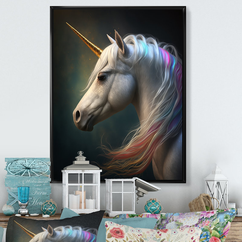 «Beautiful Portrait Of A Unicorn I», reproduction sur toile, H 32 po x l 16 po x P 1 po, Toile avec cadre flottant noir