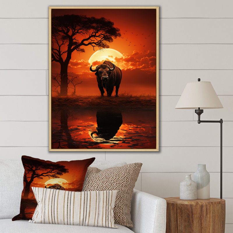 Red Red Buffalo Silhouette Serenade - Reproduction d'art sur toile, H 20 po x l 12 po x P 1 po, Cadre naturel flottant