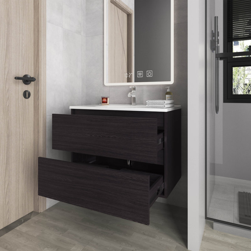 Meuble-lavabo flottant avec deux tiroirs et lavabo, Wengé