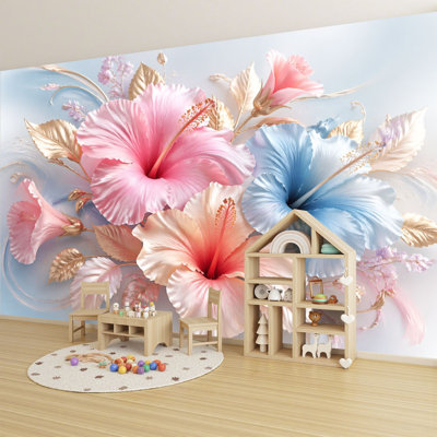 Papier peint auto-adhésif fleurs d'hibiscus rose et bleu avec accents dorés Élégantes décorations murales à motif floral H 100 po x l 144 po Papier mural amovible en PVC auto-adhésif pour chambre à coucher, bureau à domicile