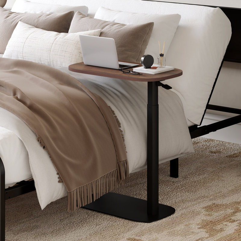 Adjustable Overbed Bedside Table Pneumatic Adjustable Height Laptop Computer with Tray, Walnut/Black