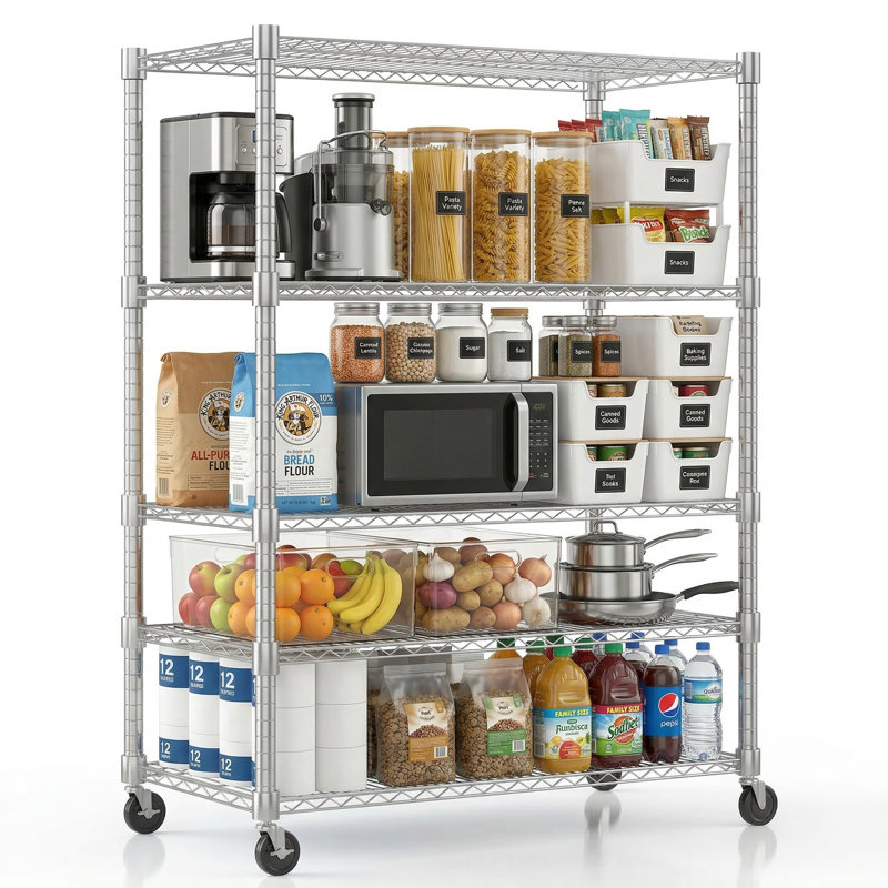 Yelena 90cm W Metal Shelving Unit with Wheels, 208cm H x 90cm W x 45cm D, Silver