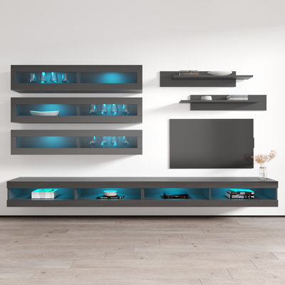Catania 126" Modern Floating Wall Mounted Entertainment Center with 16-Color LED Lighting, High Gloss Finish