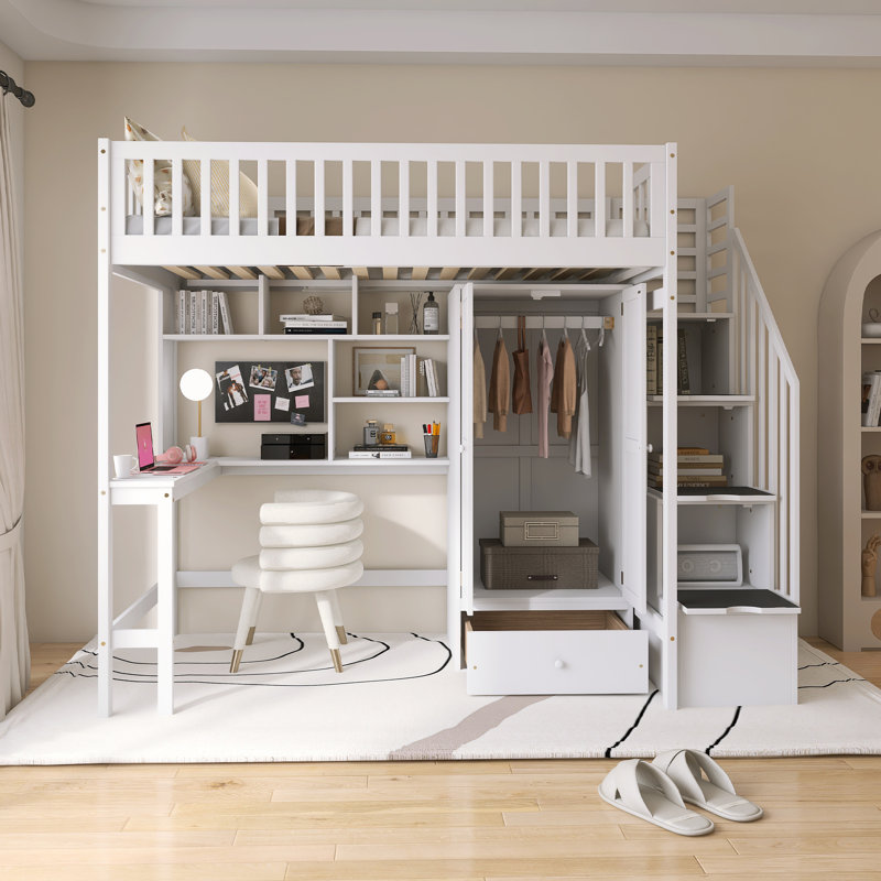 Lit mezzanine simple avec bibliothèque, tiroirs, bureau et garde-robe, blanc