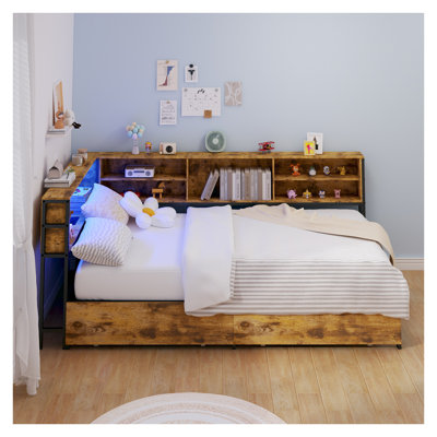Lit de jour simple d'angle avec tiroirs de rangement et tête de lit bibliothèque - Structure de lit moderne en métal et en bois avec éclairage DEL et station de charge USB pour les petits espaces