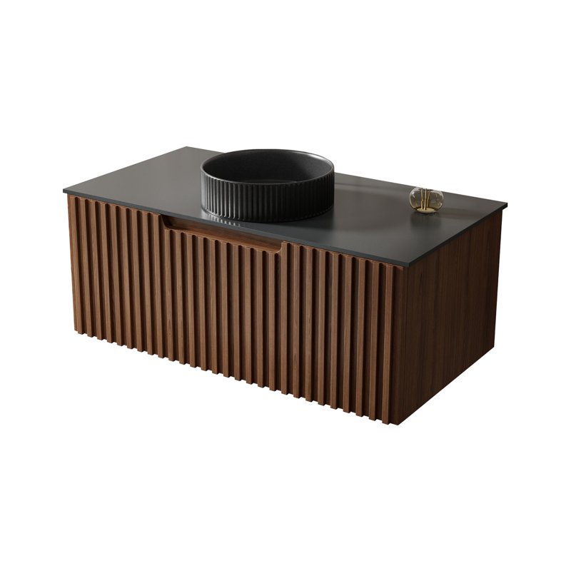 36" Floating Single Bathroom Vanities, Wall-Mounted Solid Wood Texture Vanity with 2 Drawers, Black Stone top, Not Assembled Need