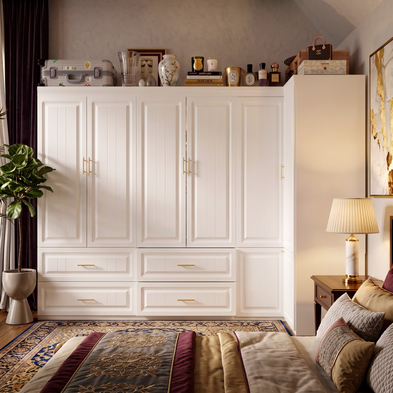 Modular Wardrobe Set with L-Shaped Corner Closet, 4 Drawers, Shelves and Hanging Rods for Bedroom Storage