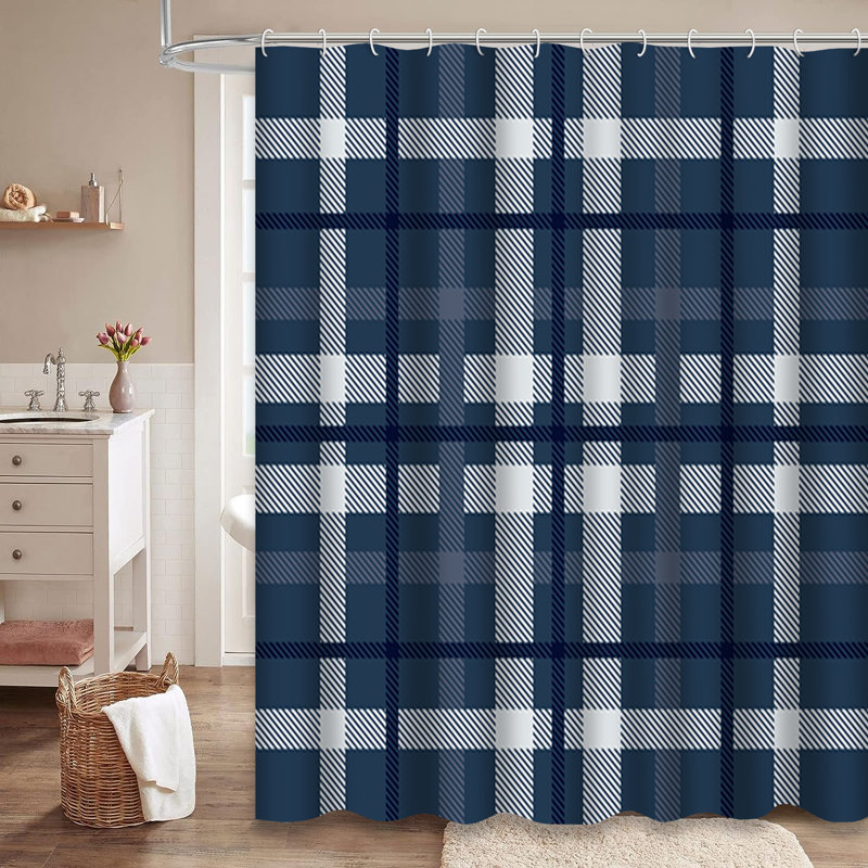 Rideau de douche à carreaux sans couture à carreaux bleus avec 12 crochets, L 72 po x l 84 po