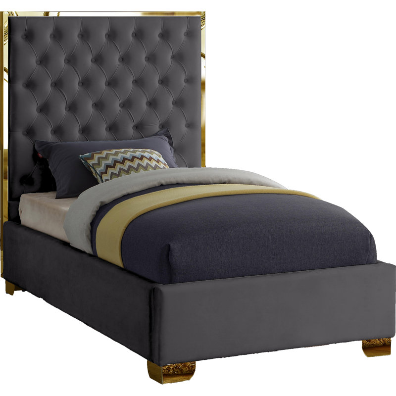 Spadaro Upholstered Platform Bed, Grey Velvet, Gold, Twin
