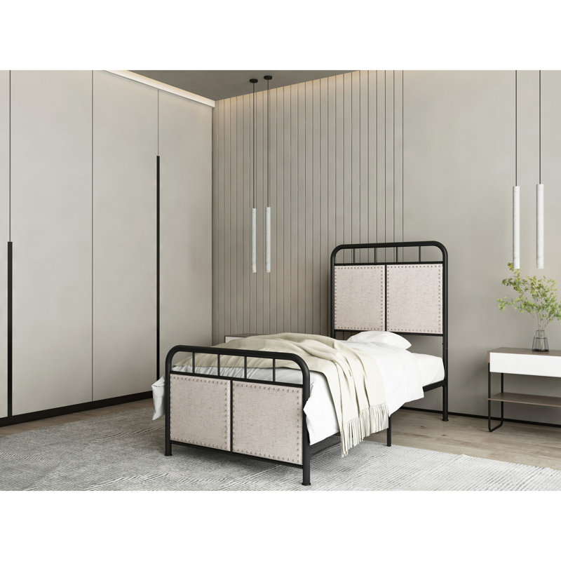 Base de lit simple tapissier en lin avec tête de lit et pied de lit en tissu