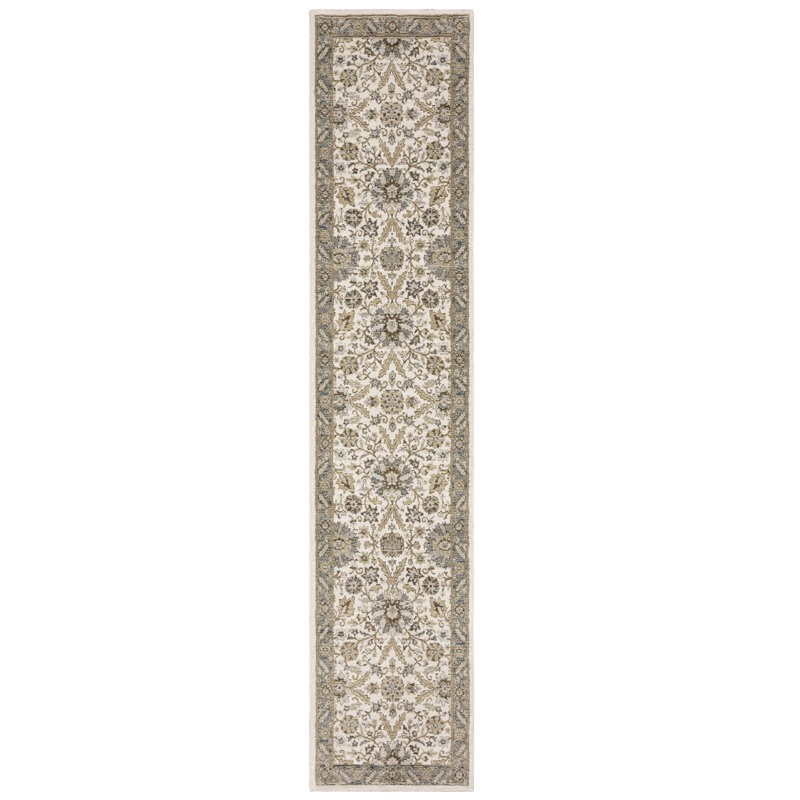 Tapis pierre / ivoire Alair Borders, Tapis de couloir 2 pi 6 po x 12 pi