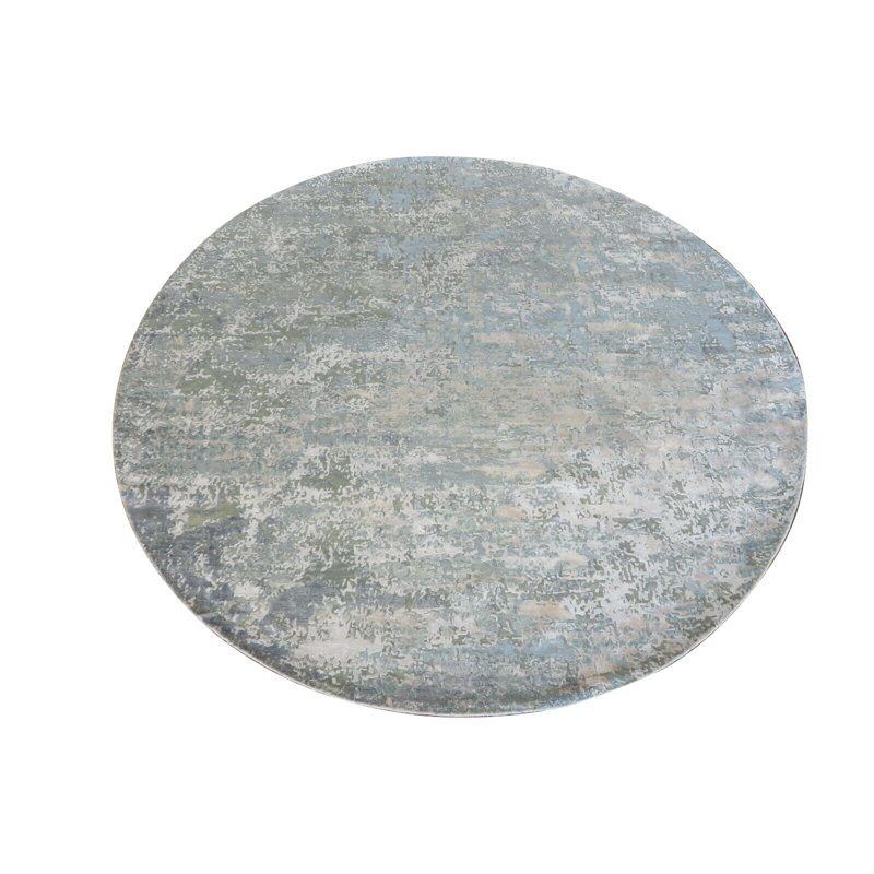 Tapis gris rond en soie noué à la main de conception unique 10 pi