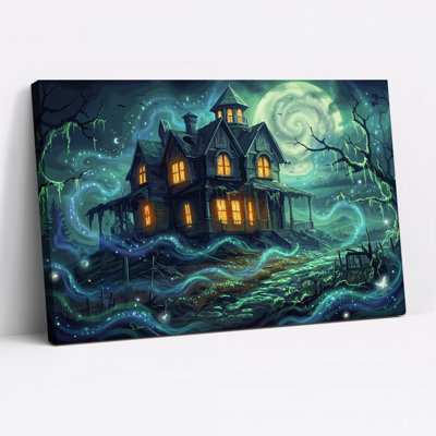 Art mural sur toile gothique, maison hantée avec fenêtres brillantes sous Halloween