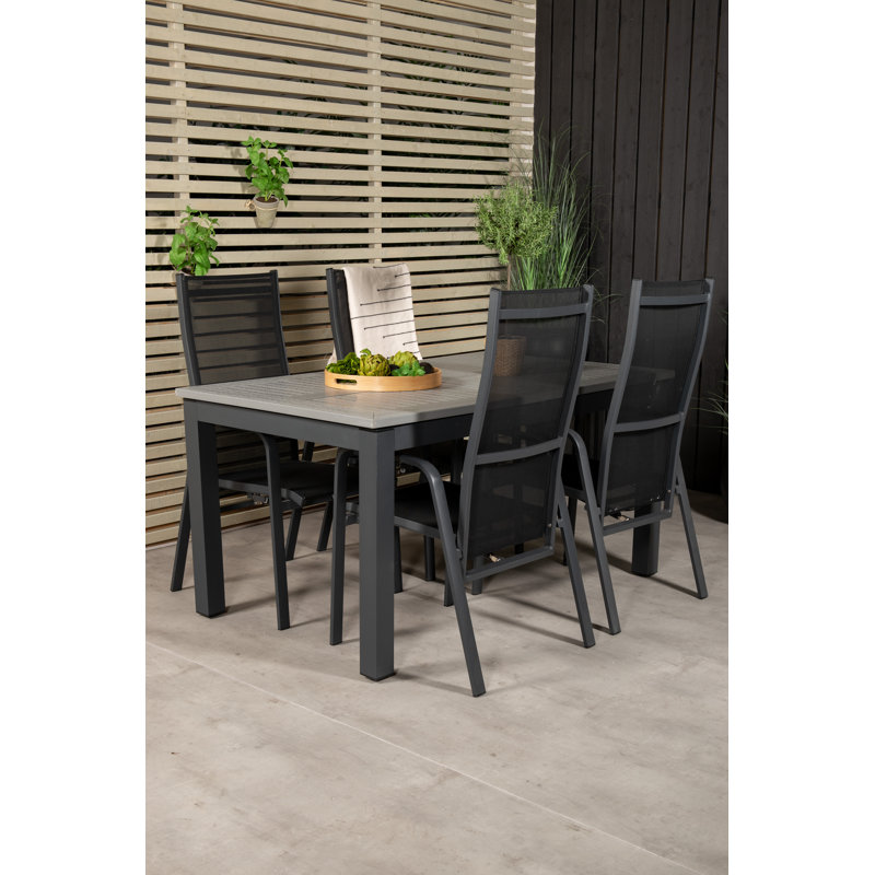 Jayesh 4 - Person Patio Dining Set Extendable Rectangular Table, 75cm H x 160cm W x 100cm L, Black/Grey