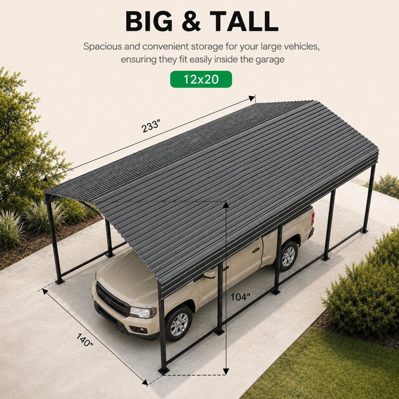 EASYHAWK 12 ft. W x 20 ft. D Galvanized Steel Carport with Sloped Roof, 104" H × 140" W × 233" D