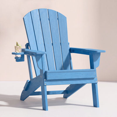 Folding Adirondack Chair, Wood Texture, Cup Holder, All-Weather HDPE for Poolside/Lawn, Light Blue