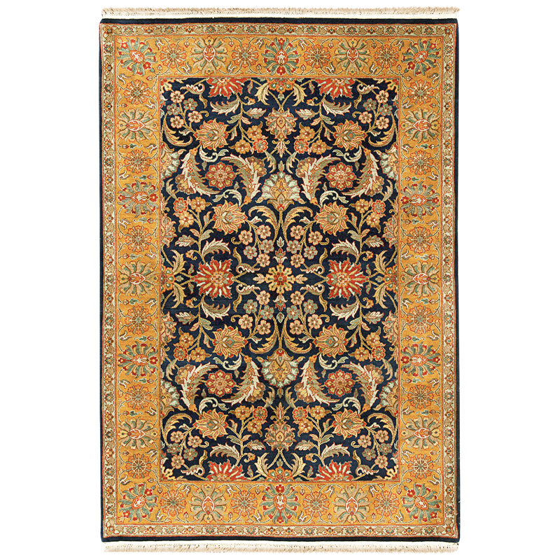 Tapis bleu et doré de haute qualité noué à la main