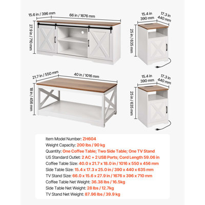 Ensemble de 4 pièces de style ferme : table basse de 102 cm avec 2 tables d'appoint et meuble télé de 168 cm. Montage facile. Station de recharge incluse. Parfait pour le salon, l'appartement ou le bureau.
