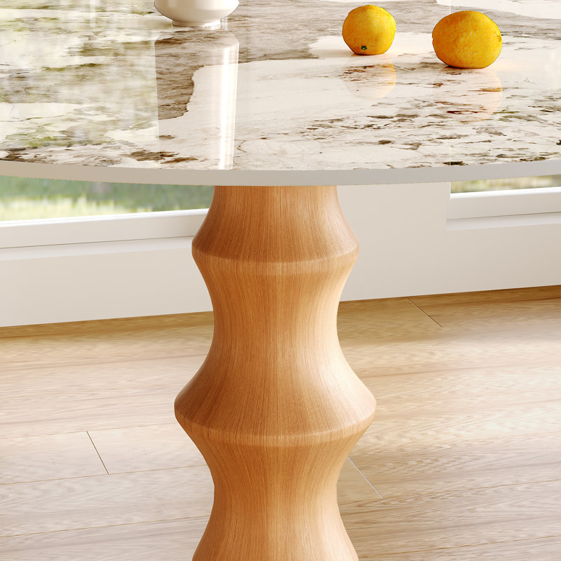 Table de salle à manger en pierre frittée ronde, table de cuisine circulaire pour 2 à 4 personnes, table de salle à manger en bois massif d'inspiration bambou pour la salle à manger, le coin-repas ou le salon
