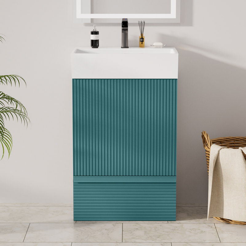Meuble-lavabo autoportant pour salle de bain moderne à rayures 20 po avec lavabo en céramique, Bleu