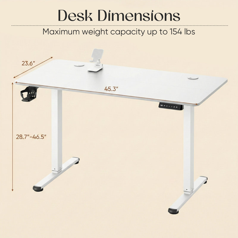 Bureau électrique pour travailler debout, bureau d'ordinateur à hauteur réglable avec support pour téléphone portable, White
